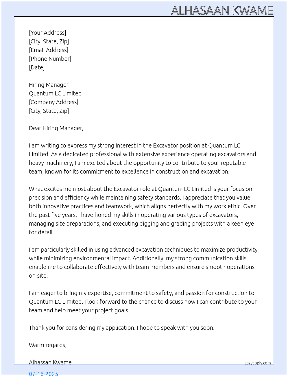 Cover letter for excavator - LazyApply