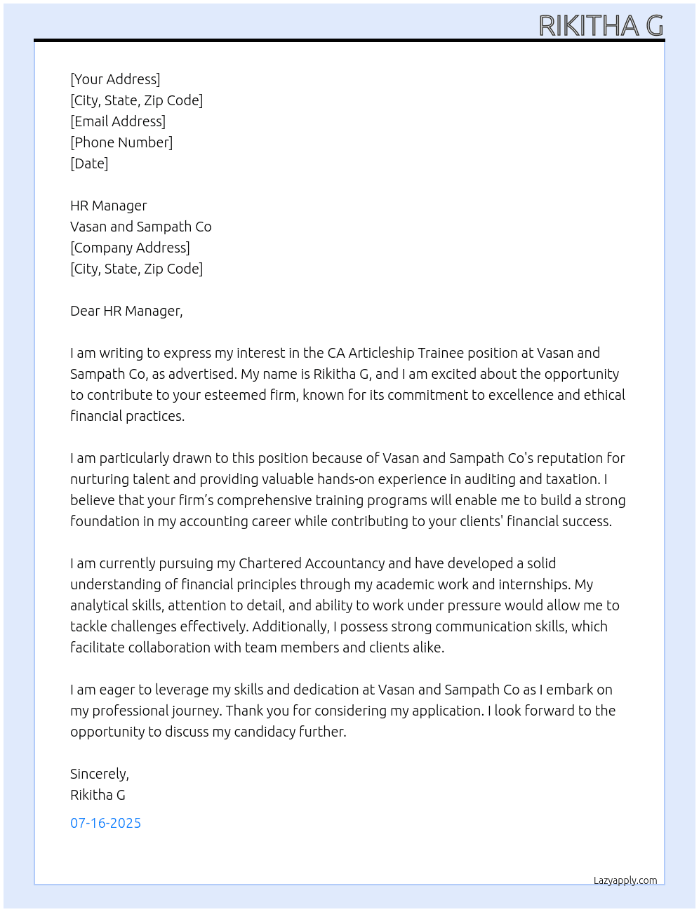 Cover letter for ca articleship trainee - LazyApply