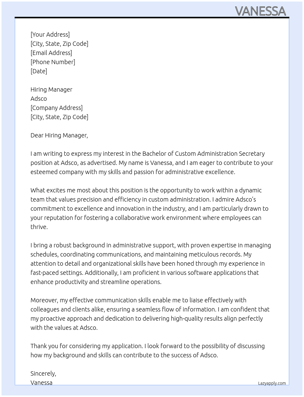 Cover letter for bachelor of custom administration secretary - LazyApply