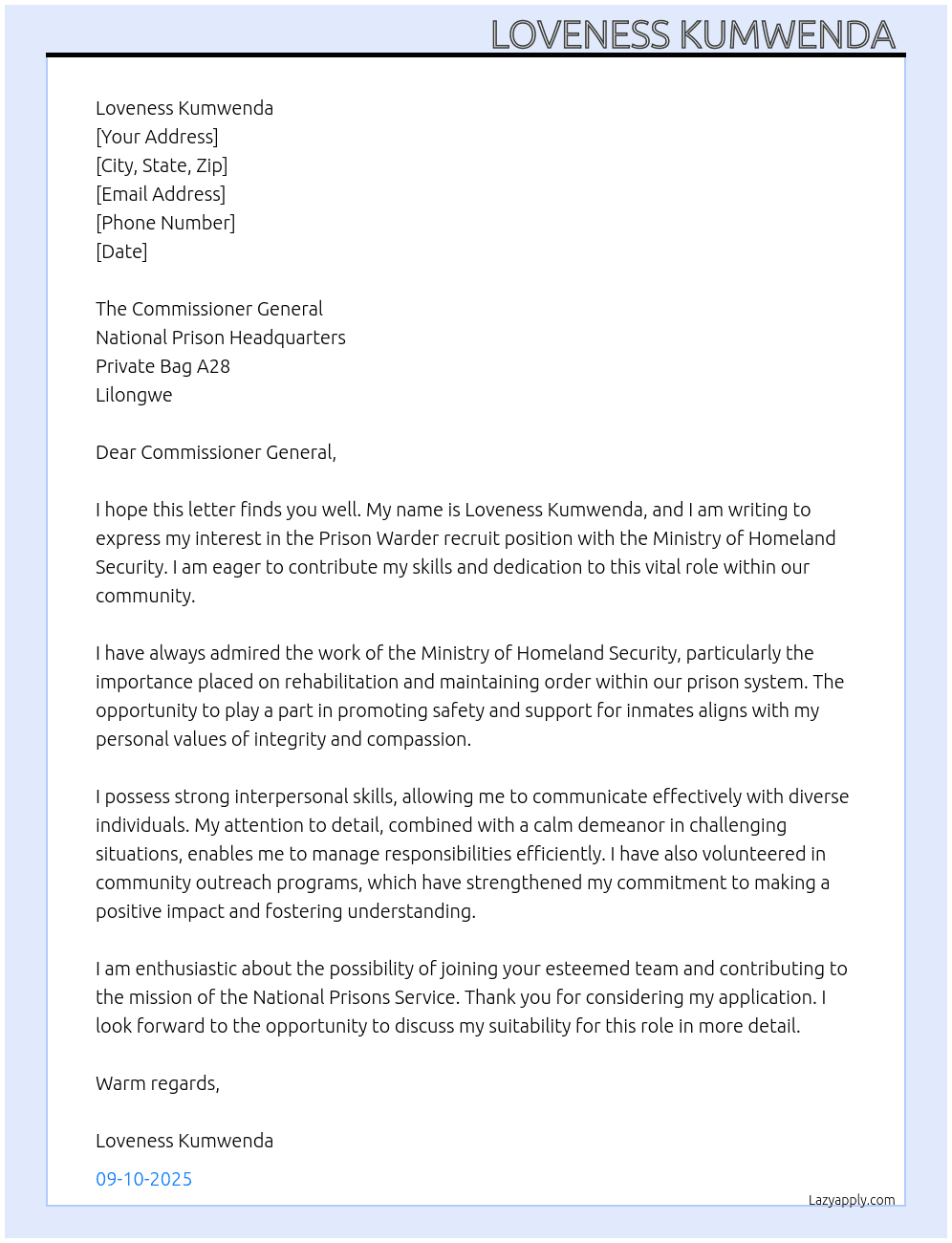 Prison Warder recruit At Ministry of Homeland security  Cover Letter