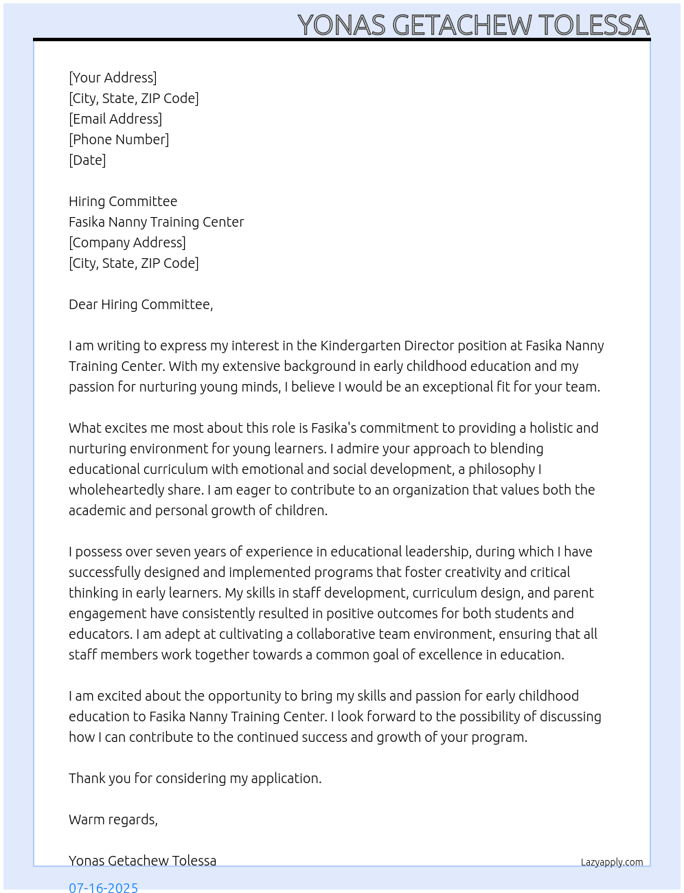 Cover letter for kindergarten director - LazyApply