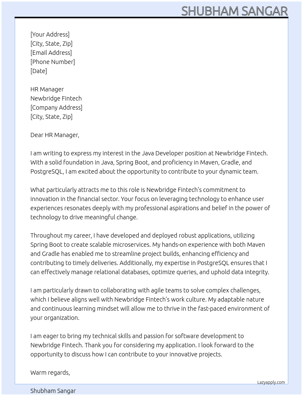 Cover letter for java developer - LazyApply