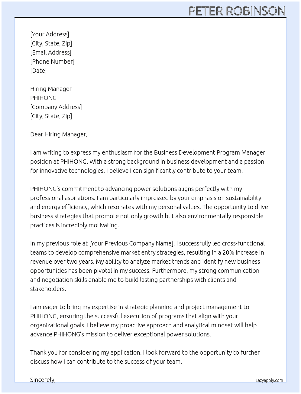 Business Development Program Manager At PHIHONG Cover Letter