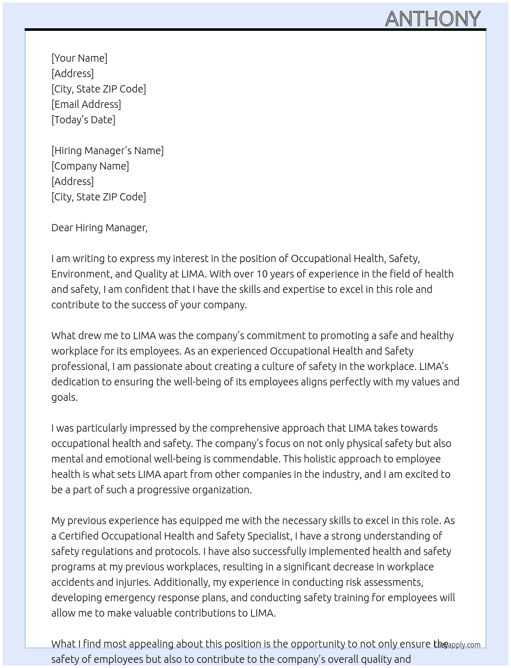 occupational health,safety,environment and quality  At LIMA Cover Letter