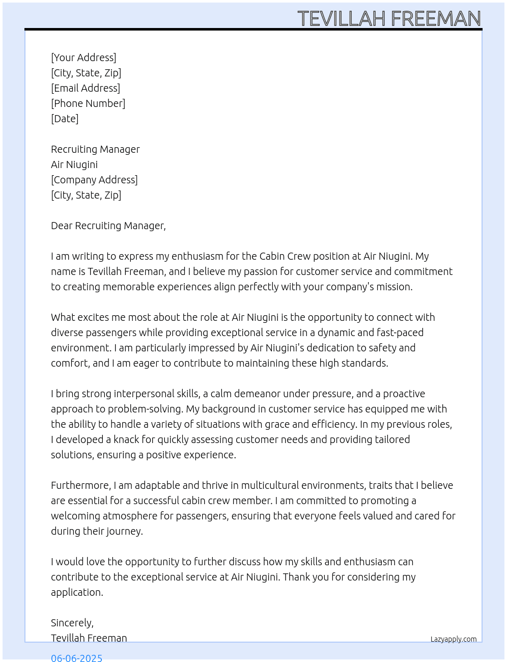 Cabin crew At Air Niugini Cover Letter