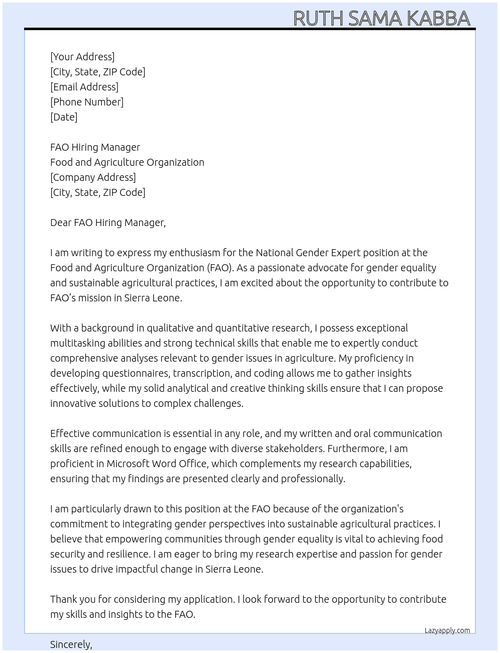 National Gender Expert At Food Agricultural Organisation Cover Letter