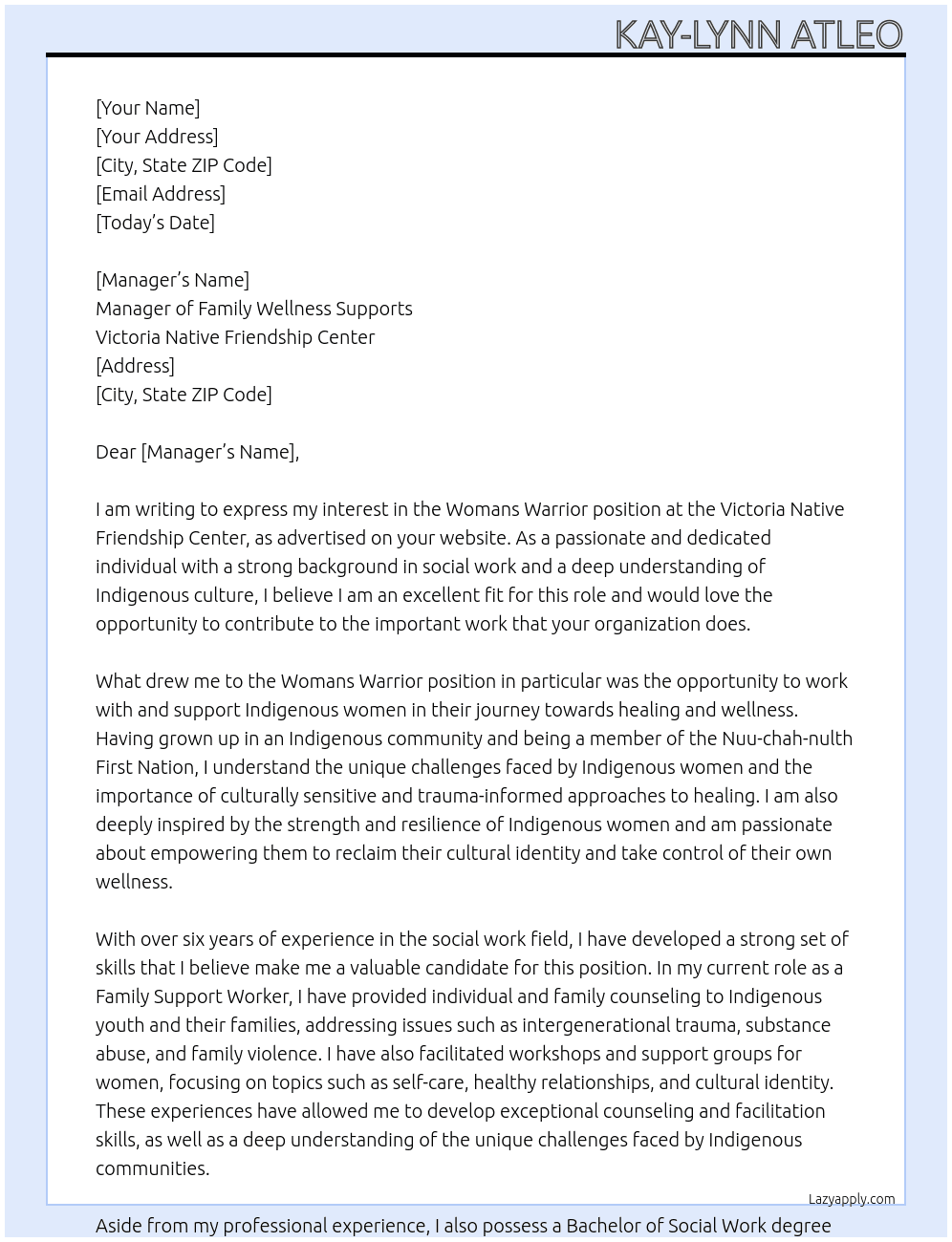 Cover letter for womans warrior - LazyApply