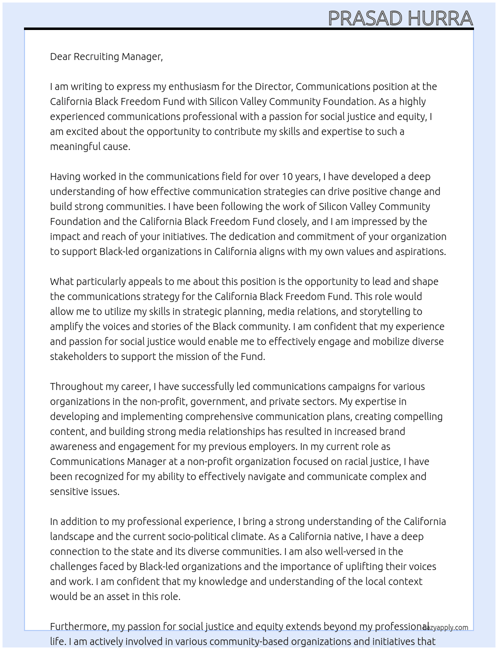 Director, Communications, California Black Freedom Fund At Silicon Valley Community Foundation  Cover Letter