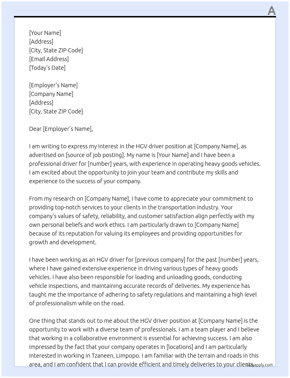 HGV driver At b Cover Letter