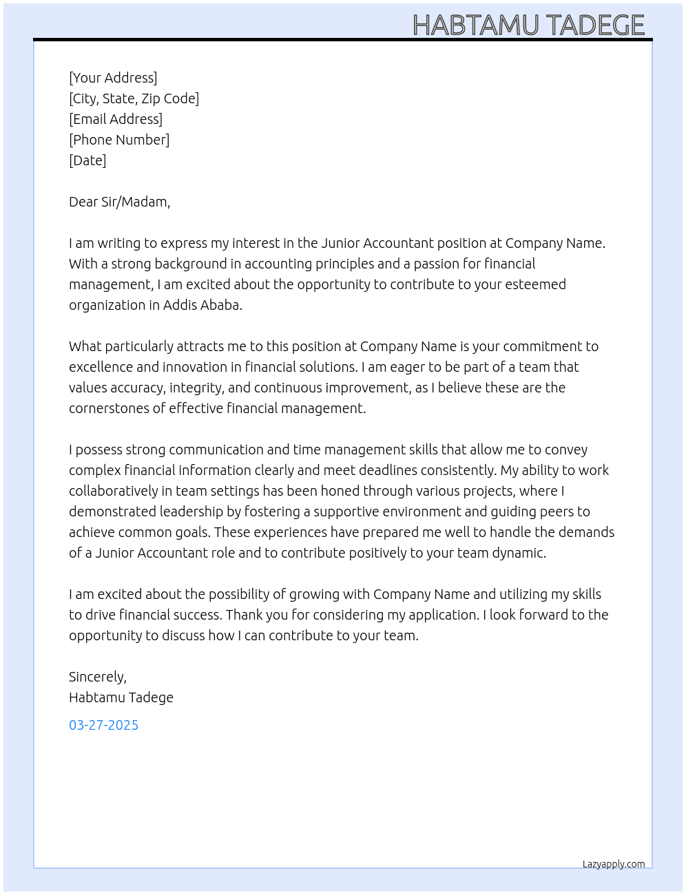 Junior Accountant  At Company name  Cover Letter