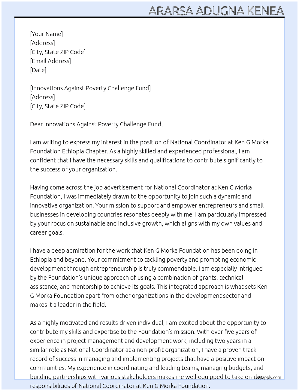 National Coordinator of ken G Morka foundation Ethiopia  At Ken G Morka foundation Ethiopia chapter  Cover Letter