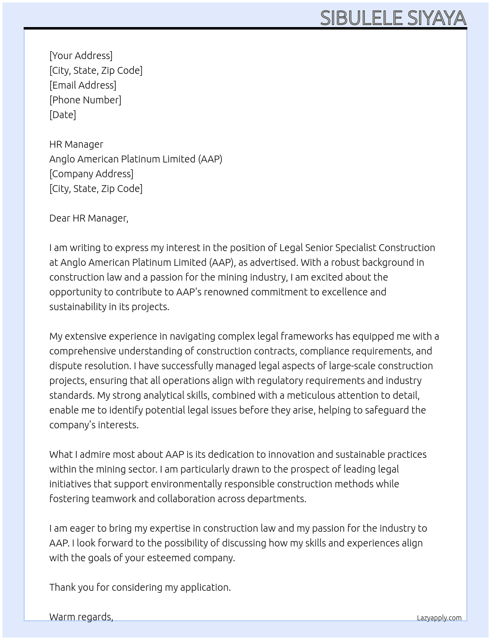 Cover letter for legal- senior specialist construction - LazyApply