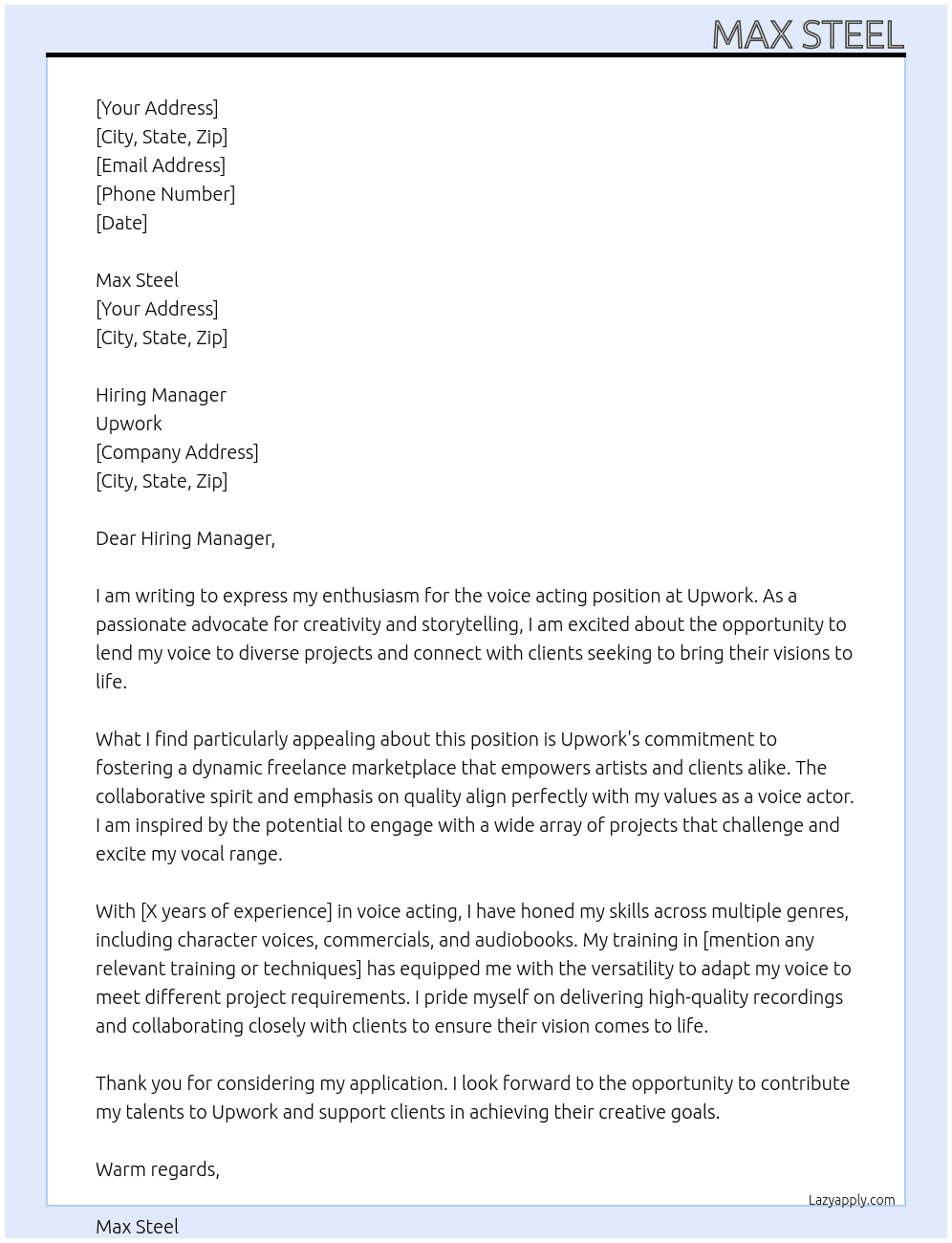 Cover letter for voice acting - LazyApply