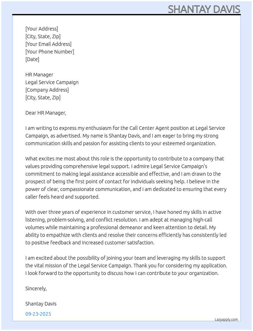 Call Center Agent At Legal Service Campaign Cover Letter