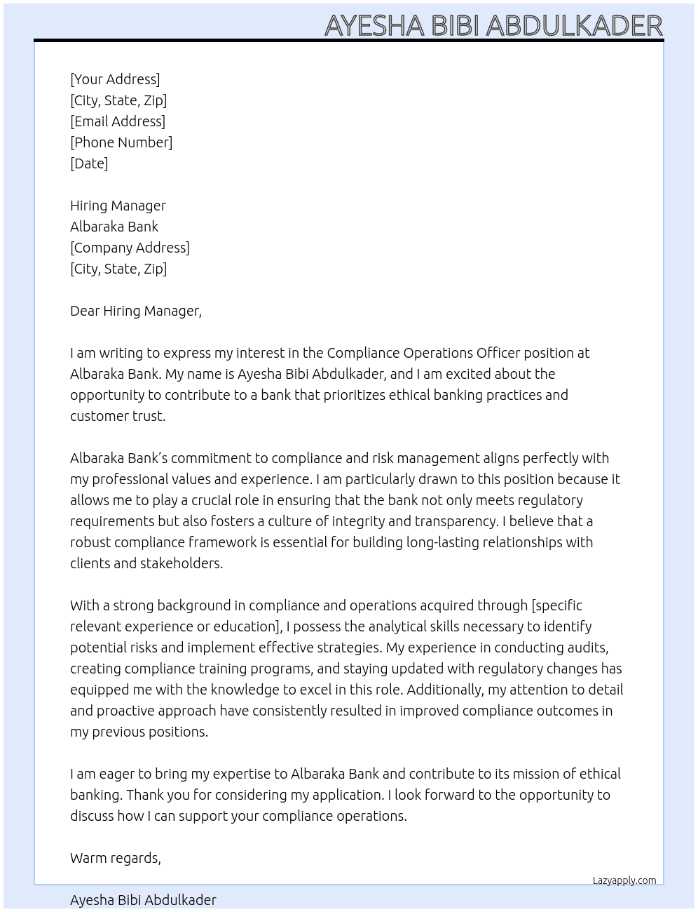 Cover letter for compliance operations officer - LazyApply