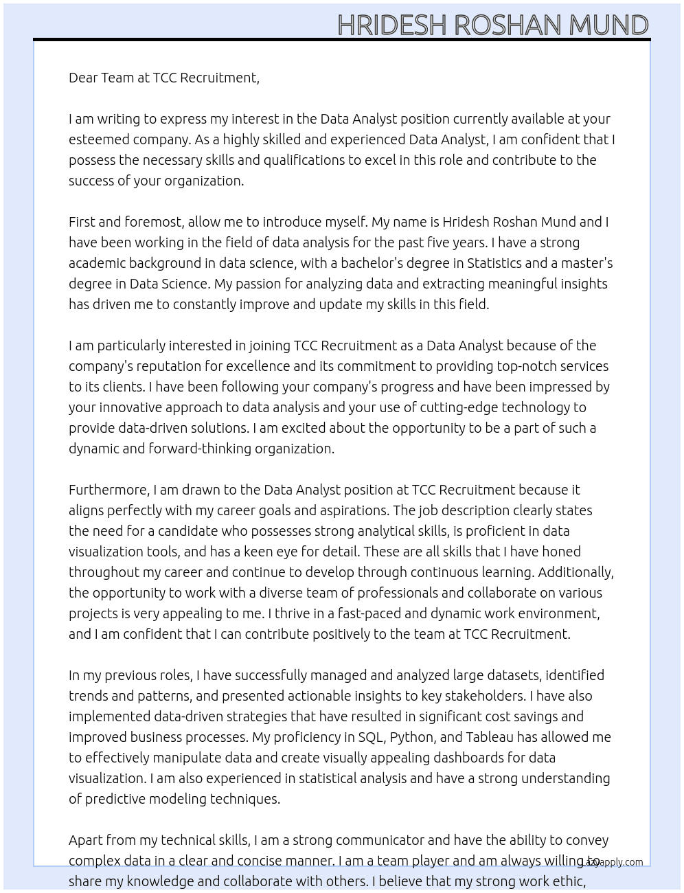 Data Analyst At  TCC Recruitment Cover Letter