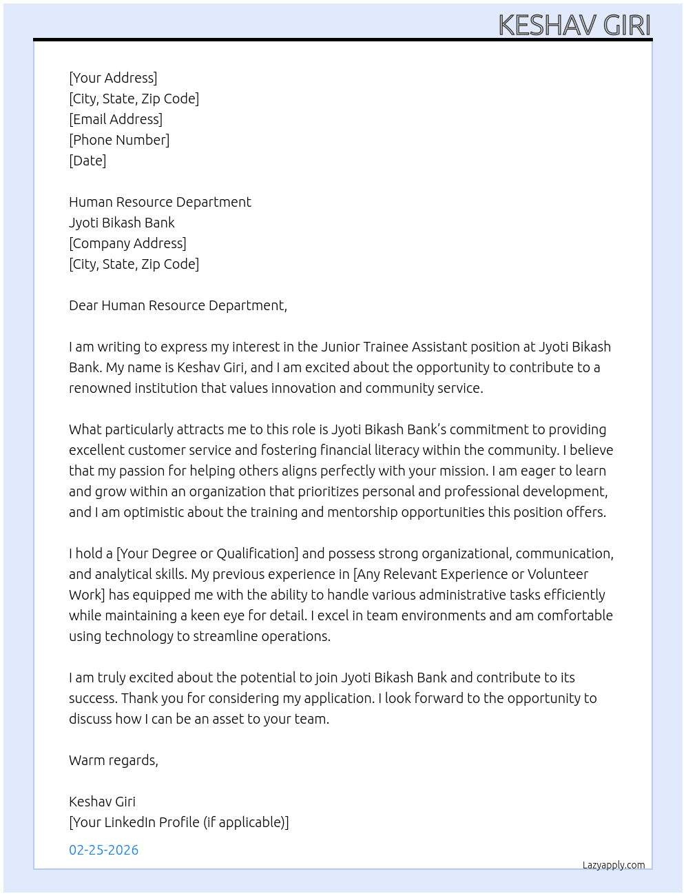 Cover letter for junior traniee asistant - LazyApply