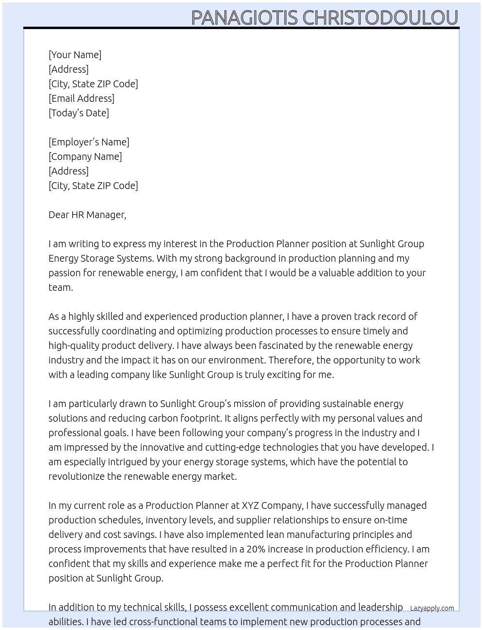 Production Planner At Sunlight Group Energy Storage Systems Cover Letter
