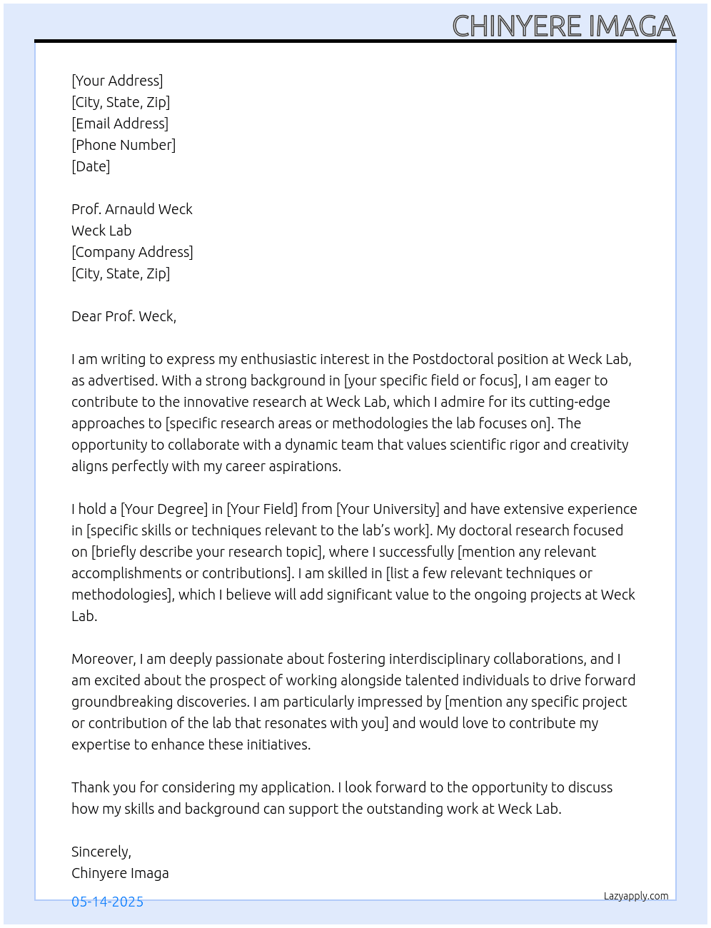 POST DOCTORATE At Weck Lab Cover Letter