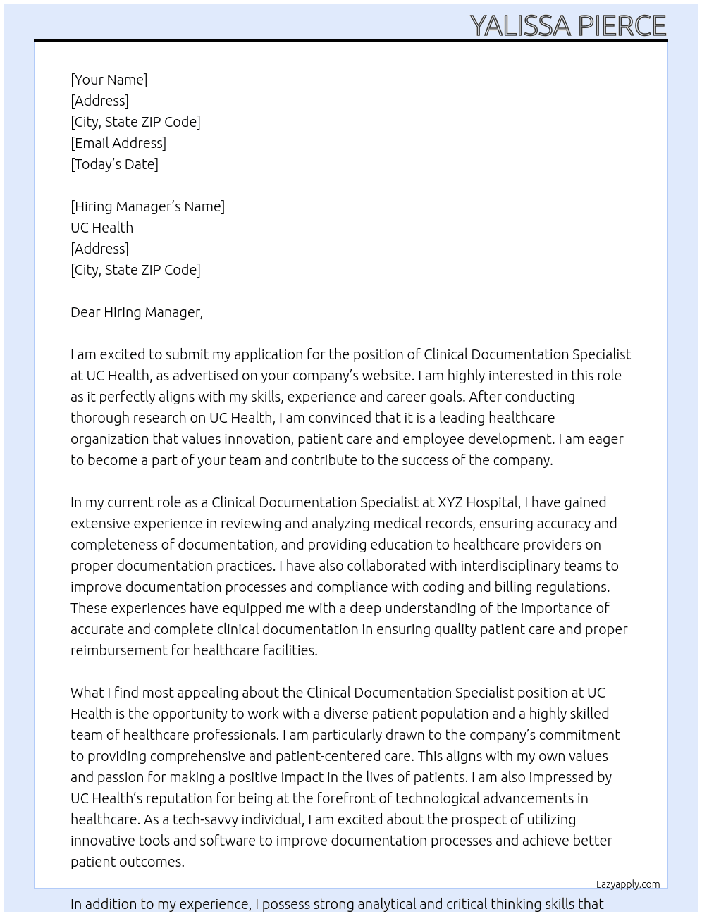 Clinical documentation specialist At UC Health Cover Letter