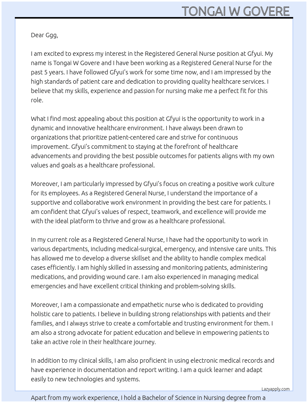 Registered General Nurse At Gfyui Cover Letter