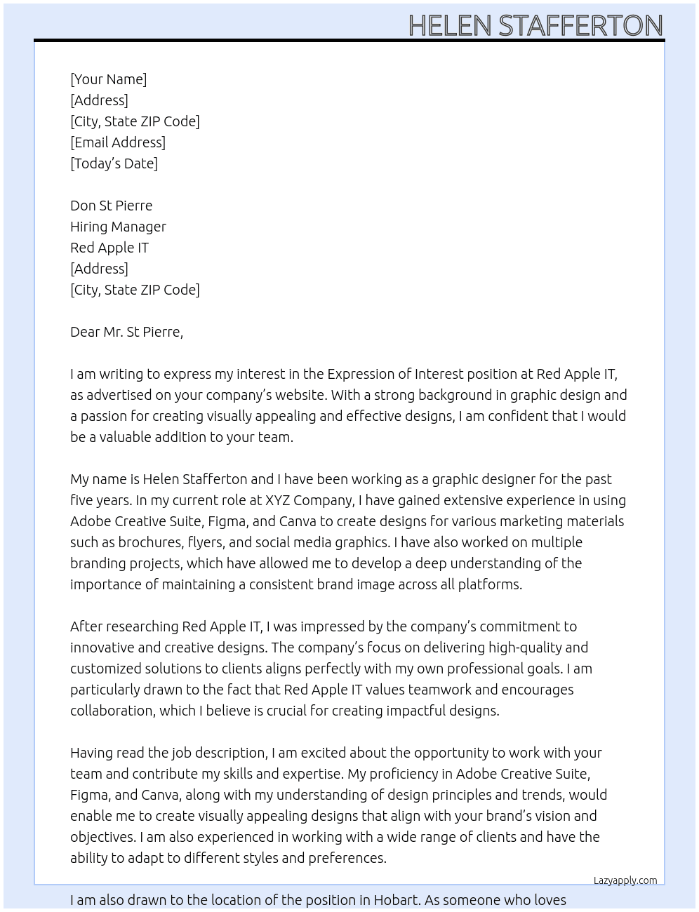 Expression of interest  At Red Apple It Cover Letter