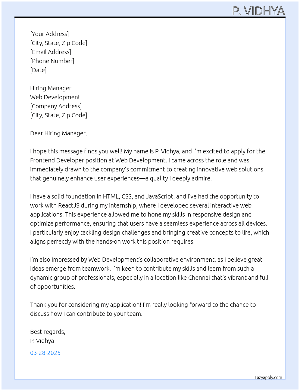 Frontend developer At Web development Cover Letter