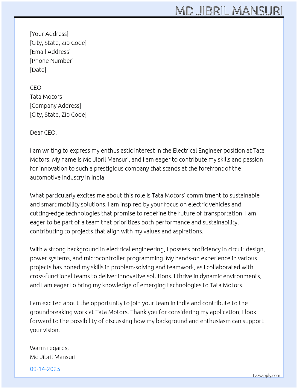 Electrical Engineer  At Tata motors  Cover Letter