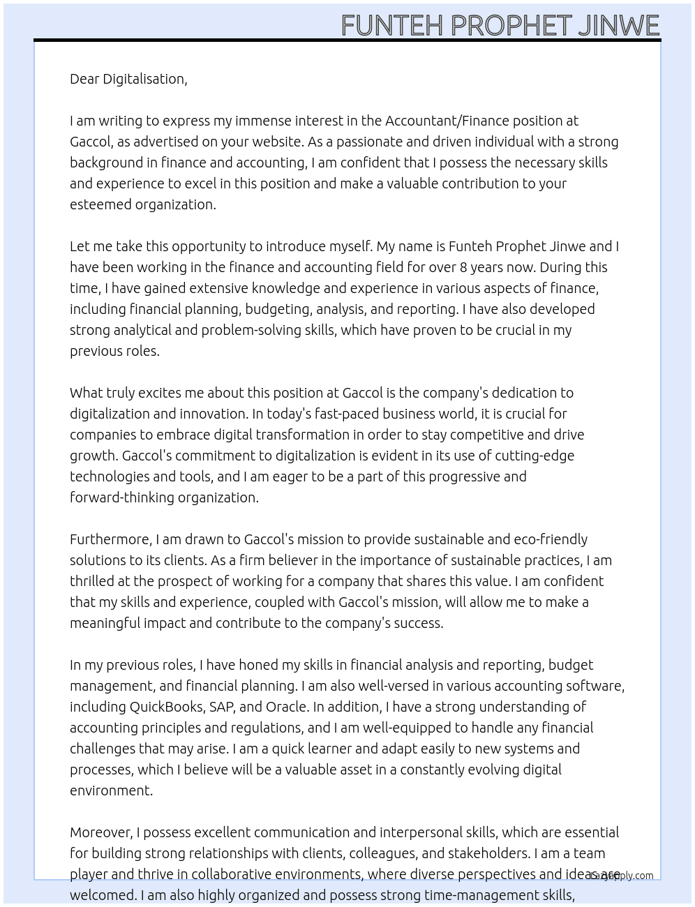 Cover letter for accountant/finance - LazyApply