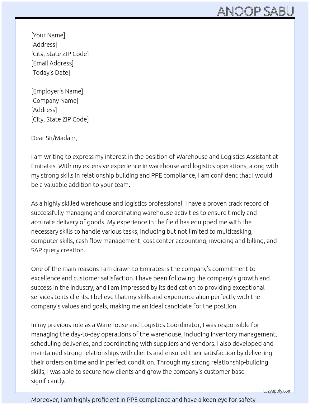 Warehouse and logistics Assistant At Emirates Cover Letter