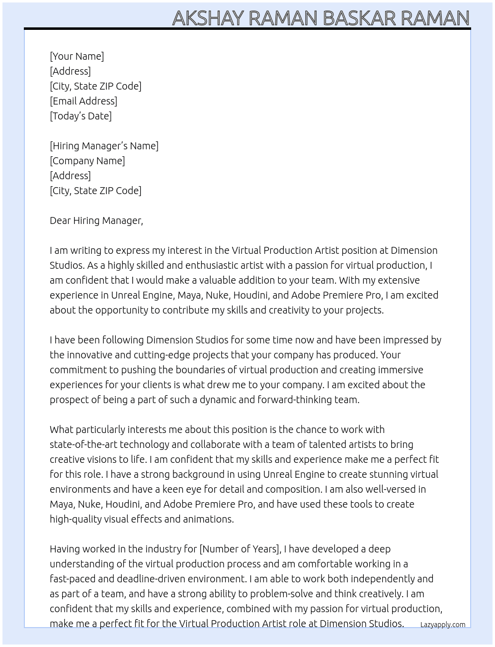 virtual production artist At dimension studios Cover Letter