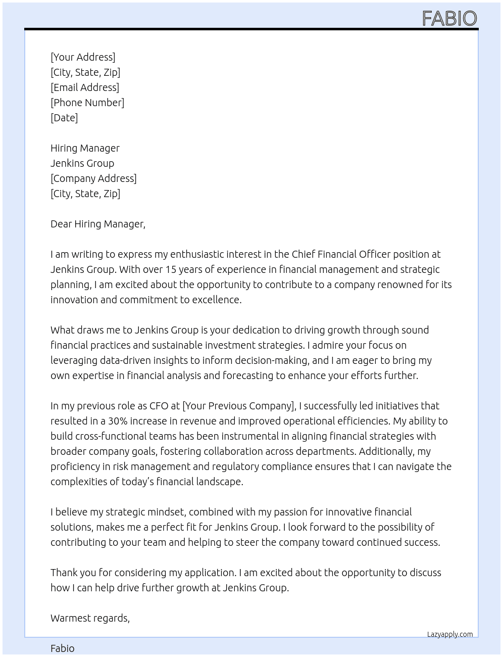 Chief Financial Officer At Jenkins Group Cover Letter