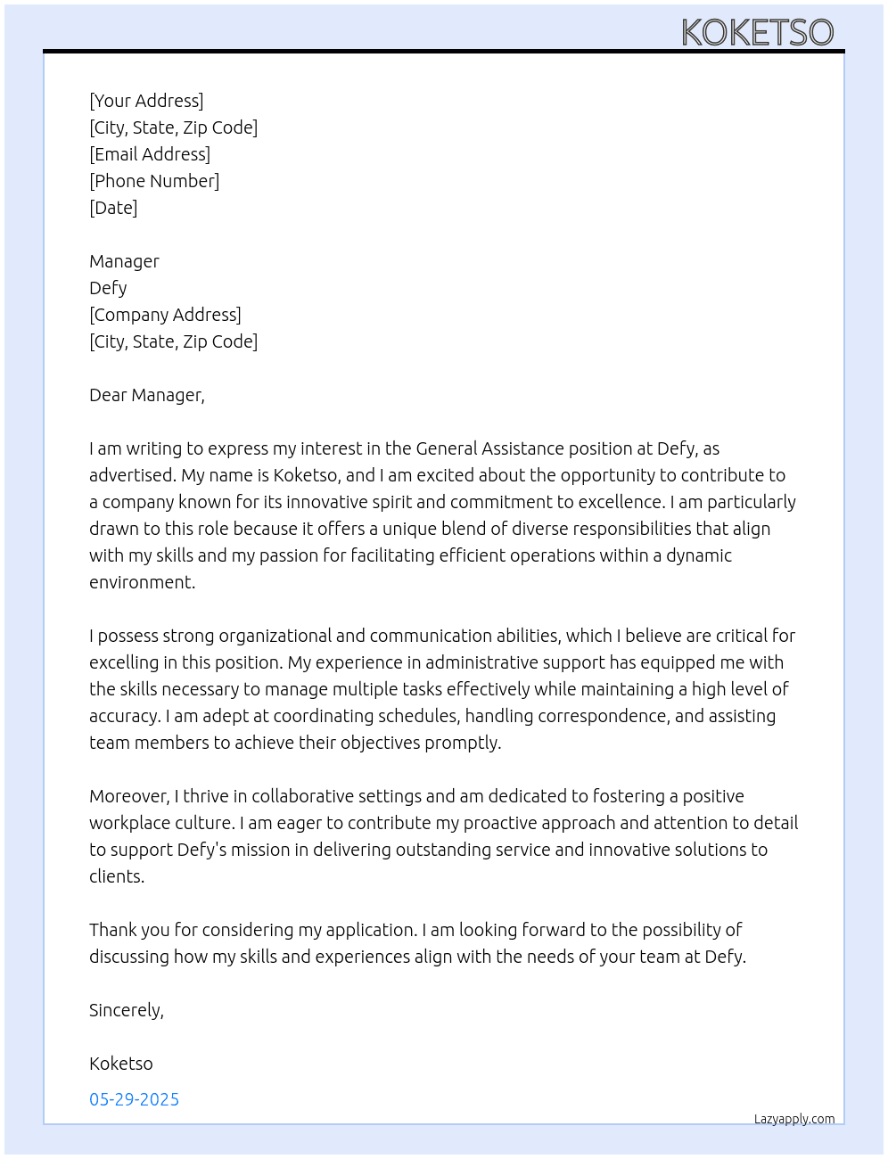 General assistance  At Defy Cover Letter