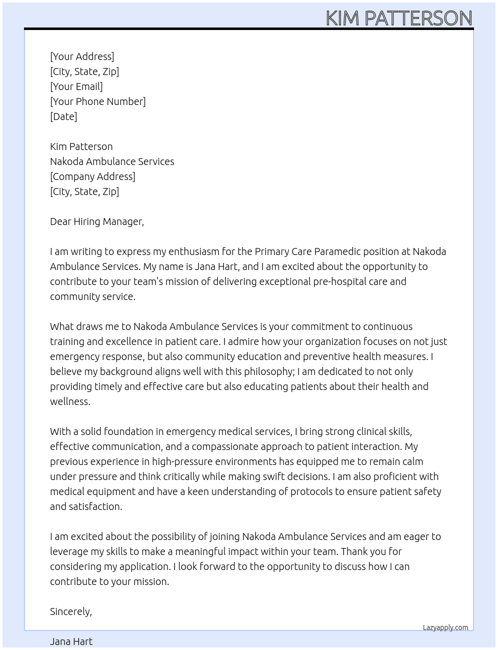 Primary Care Paramedic At Nakoda Ambulance Services Cover Letter