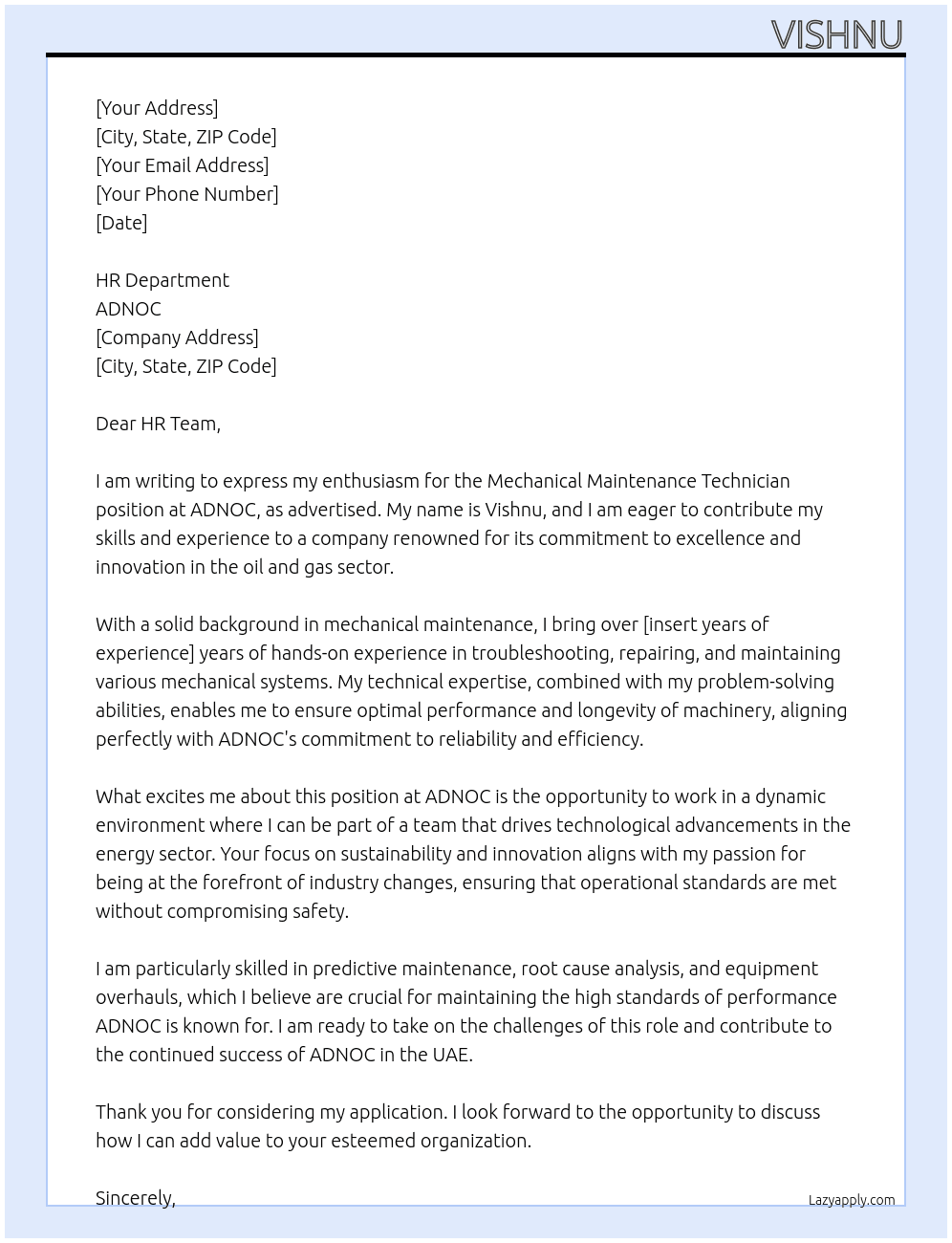 Cover letter for technician,mechanical maintenance - LazyApply