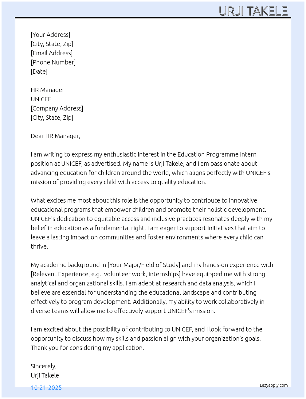 Cover letter for education programme intern - LazyApply