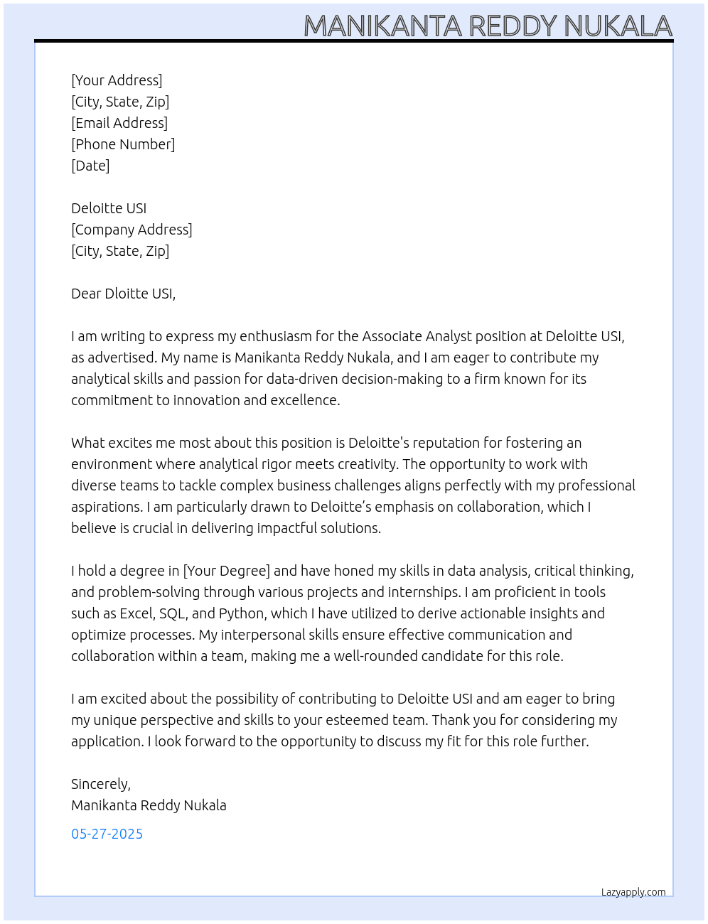 Associate Analyst At Deloitte USI Cover Letter