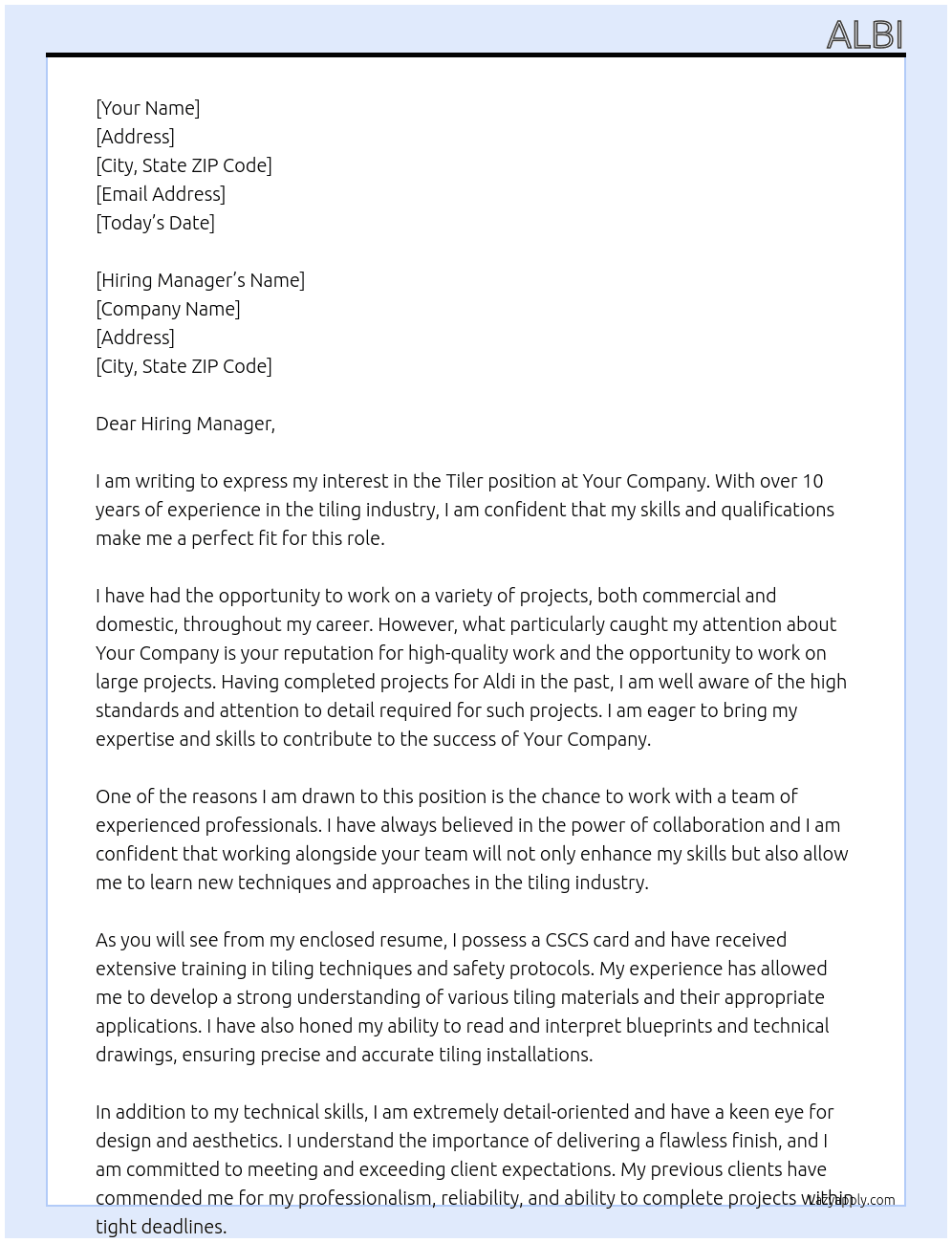 Tiler At Your company Cover Letter