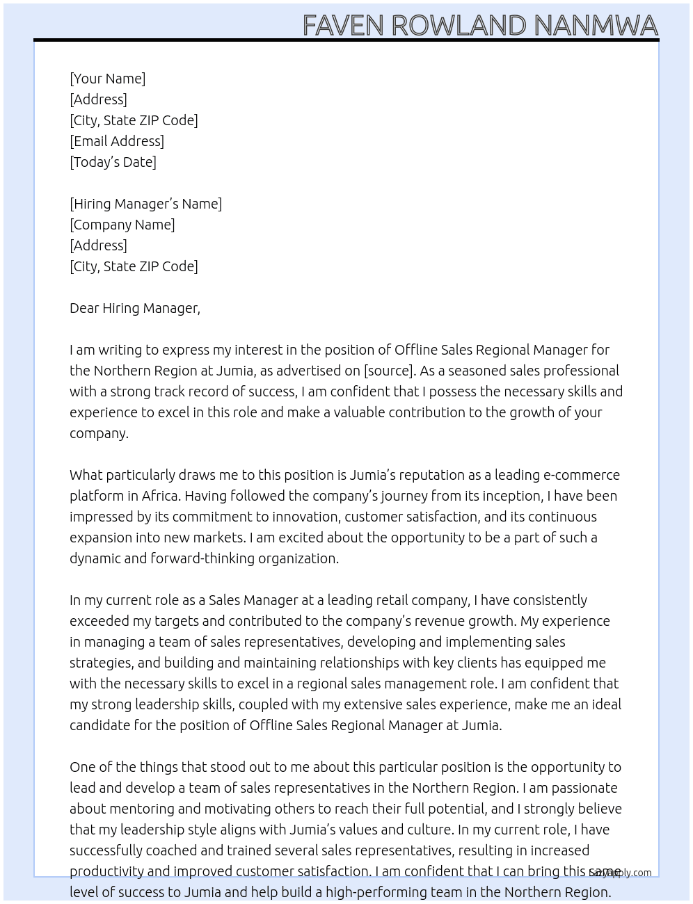 Offline Sales Regional Manager-Northern Region  At Jumia Cover Letter