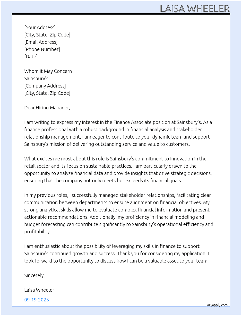 Cover letter for finance associate - LazyApply