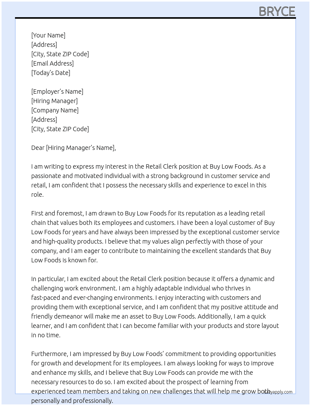 Retail clerk At buy low foods Cover Letter