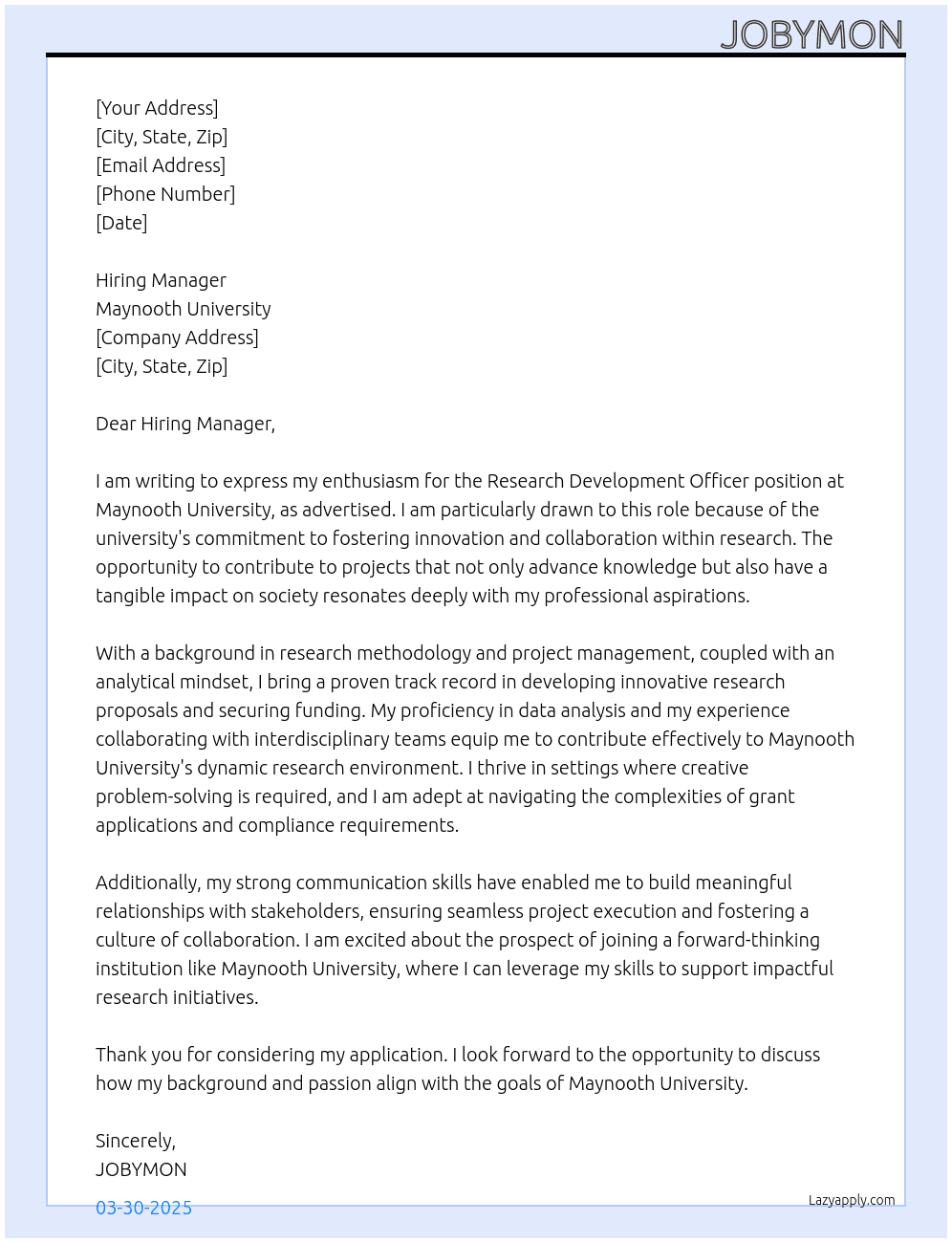 Research Development Officer At MAYNOOTH UNIVERSITY Cover Letter