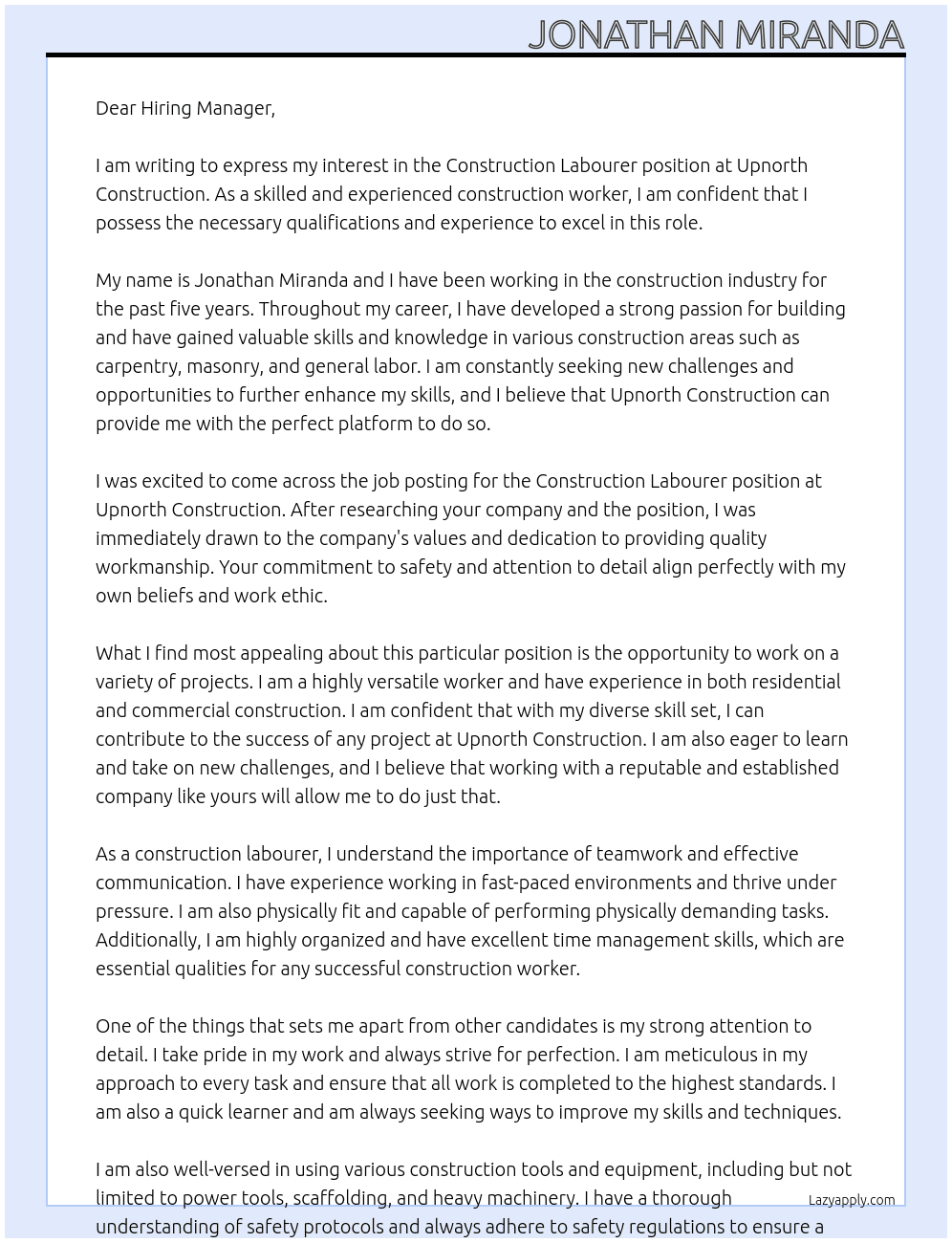 Construction Labourer At Upnorth Construction Cover Letter
