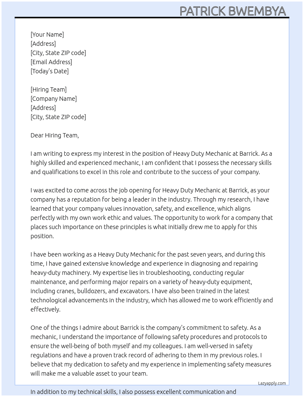 Heavy Duty Mechanic  At Barrick Cover Letter
