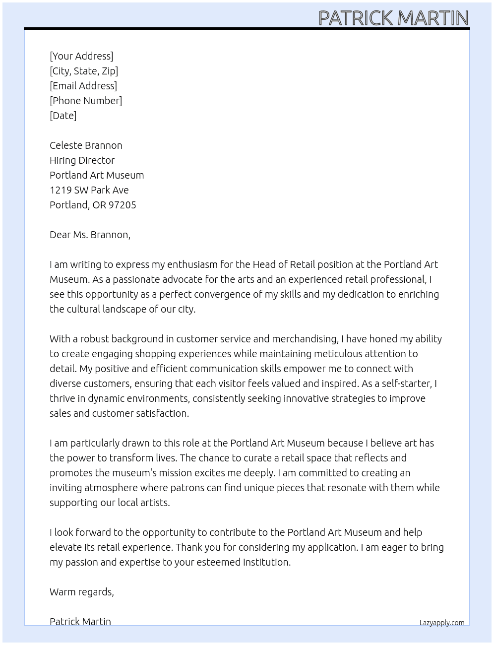 Head of Retail  At Portland Art Museum Cover Letter