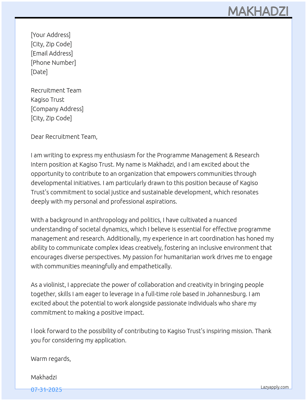 PROGRAMME MANAGEMENT & RESEARCH INTERN PROGRAMME At Kagiso trust  Cover Letter