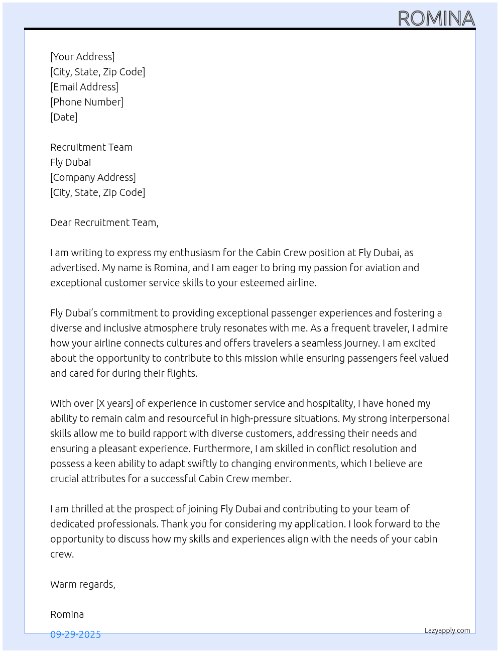Cabin Crew At Fly Dubai Cover Letter