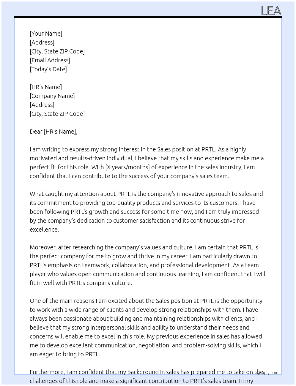 sales At PRTL Cover Letter