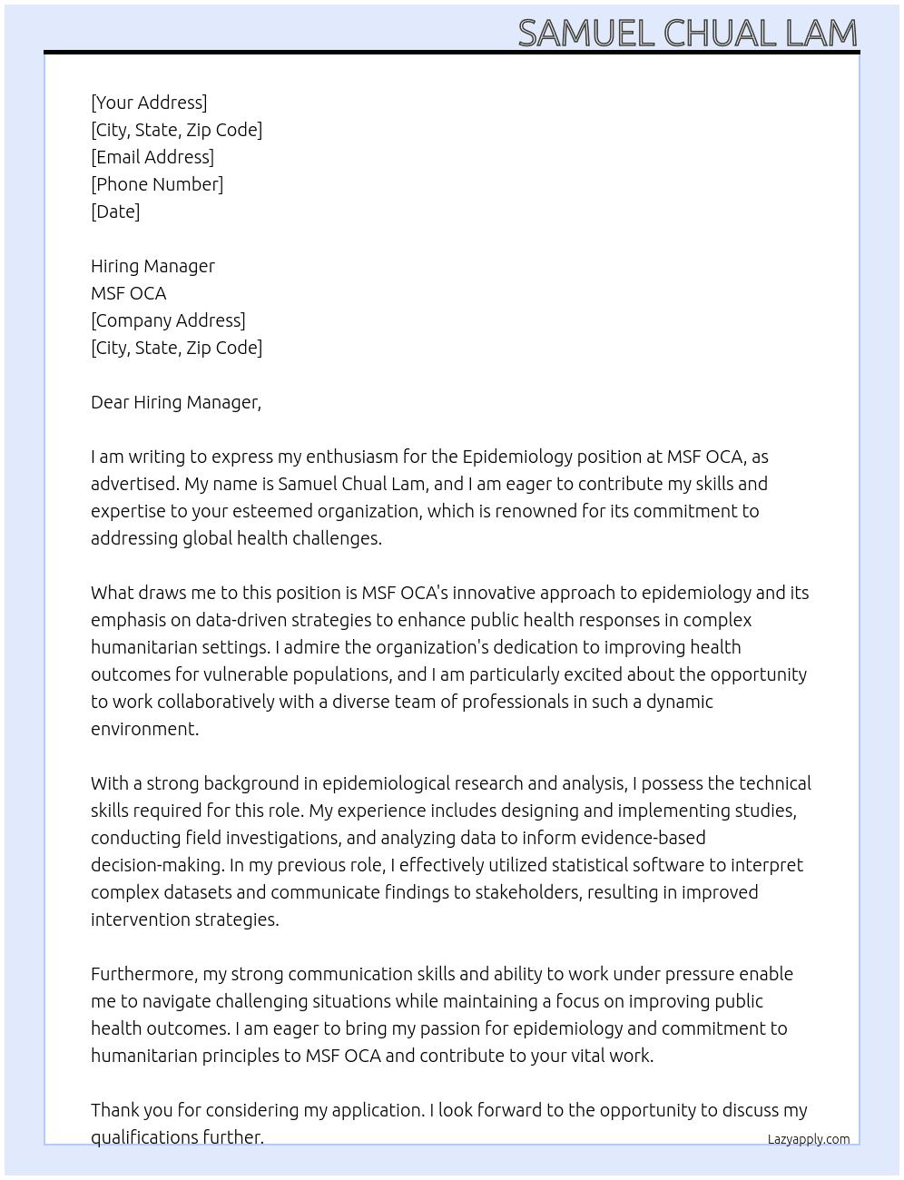 Epidemiology At MSF OCA Cover Letter