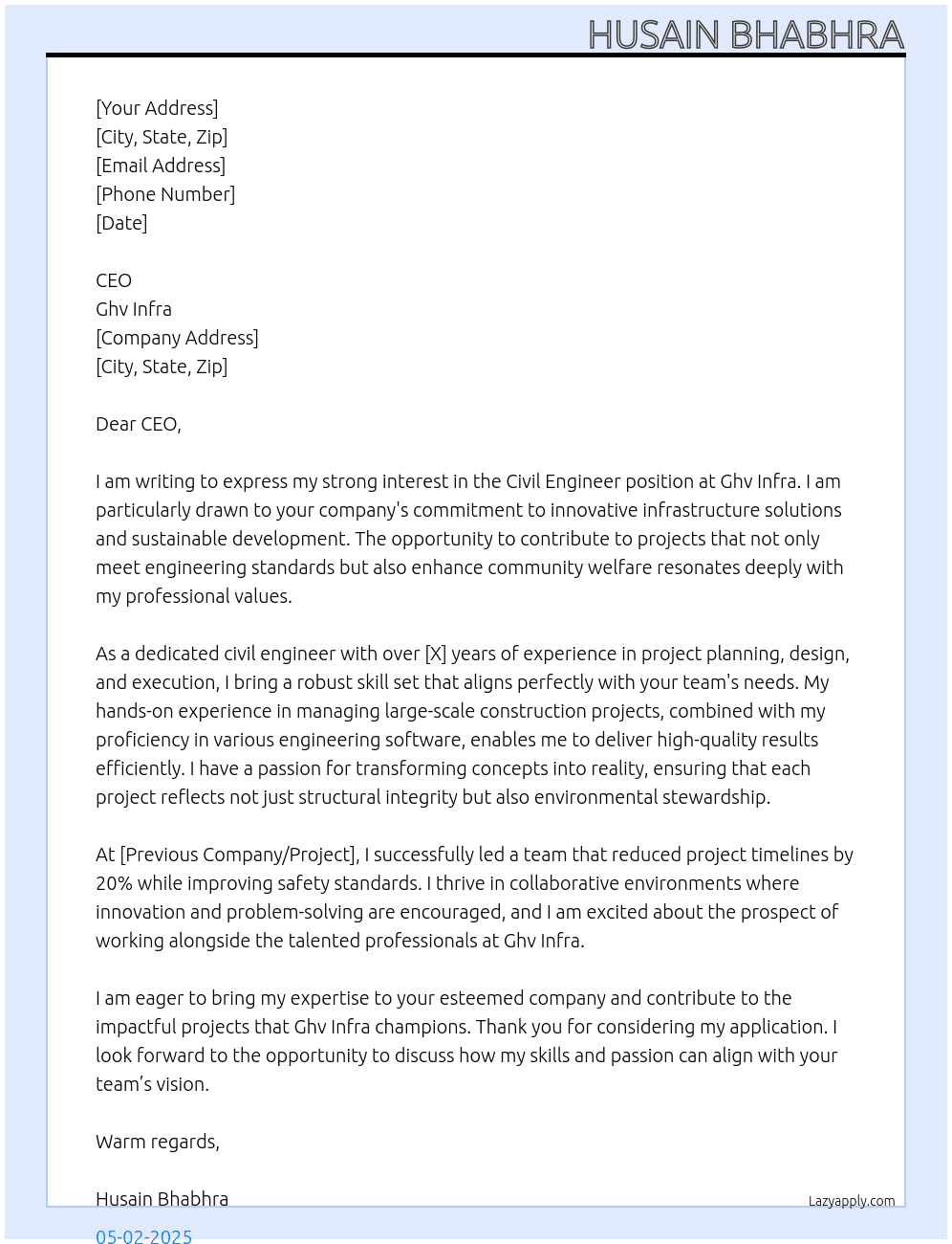 Civil Engineer At Ghv infra Cover Letter